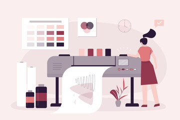 Worker woman with plotter. Giant offset printer prints beautiful picture, print service, copy center. printing house. Commercial digital documents production.