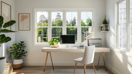 A stylish home office with minimalist decor, showcasing a sleek desk, ergonomic chair, and ample natural light for productivity.