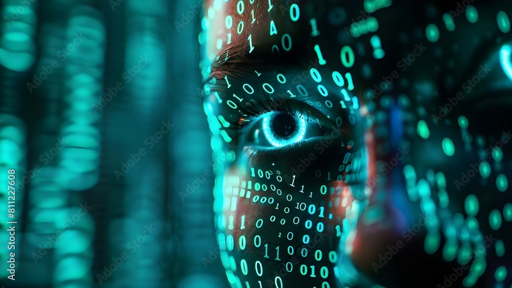 Poster neon digital face montage coding patterns for cyber security education banners. concept cyber securi
