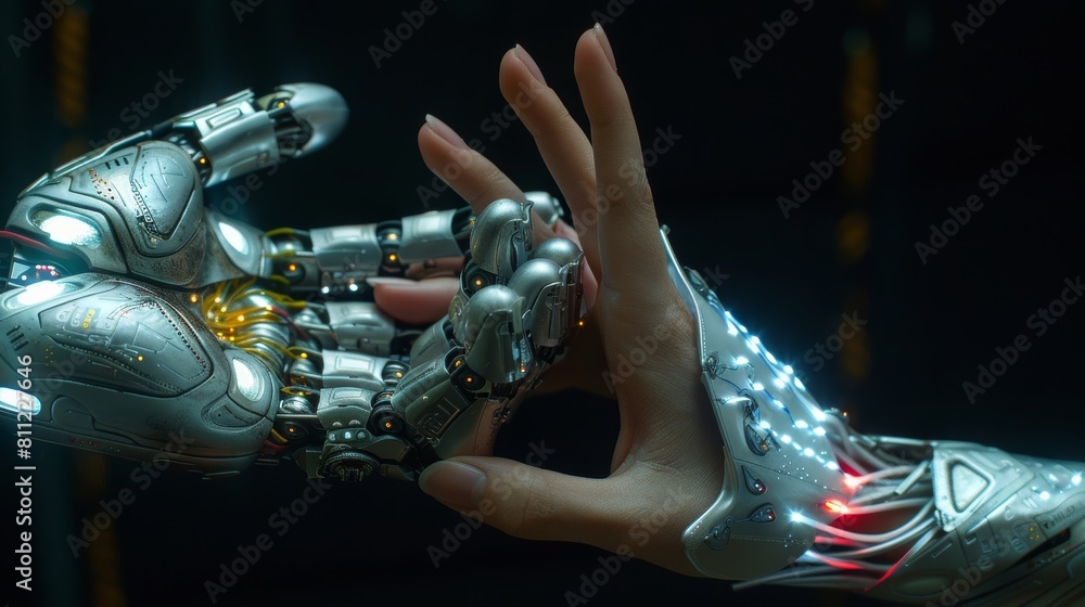 Poster futuristic interaction between human and robot hand in a dark setting