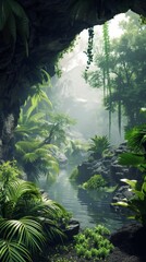 serene tropical jungle river flowing through a mystical cave with lush greenery and light