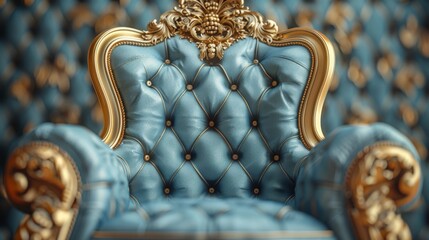 A close up of a blue chair with gold trim and ornate detailing, AI