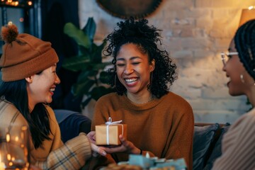 A group of women gathered around a table, laughing and exchanging gifts, A group of friends laughing and exchanging gifts