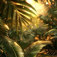 tropical banner adorned with exotic leaves and golden glitter accents, evoking the lush greenery of paradise under the warm glow of sunset light