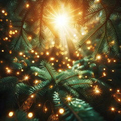 Closeup of Christmas tree background with christmas lights and snowflakes,Firefly Dark Christmas tree closeup background,Fantasy temporary majestic stone portal to another world Time Portal