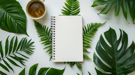 Blank white spiral notebook on table surrounded by coffee and green leaves, in flat lay photography style with minimalist aesthetic, taken from top view perspective on white background