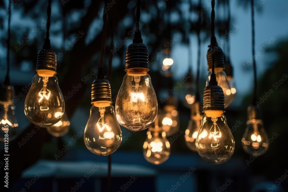 Poster multiple light bulbs are suspended from a tree, creating a unique and illuminated display