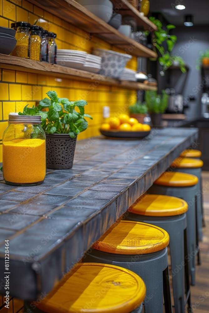 Aufkleber a counter with a bunch of stools and some jars on it, ai