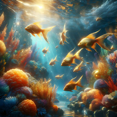 The sea life painting Wallpaper,Under the sea wallpapers and images,There is a painting of a fish in a deep blue ocean. generative ai,Beautiful Underwater paradise with various sea creatures


