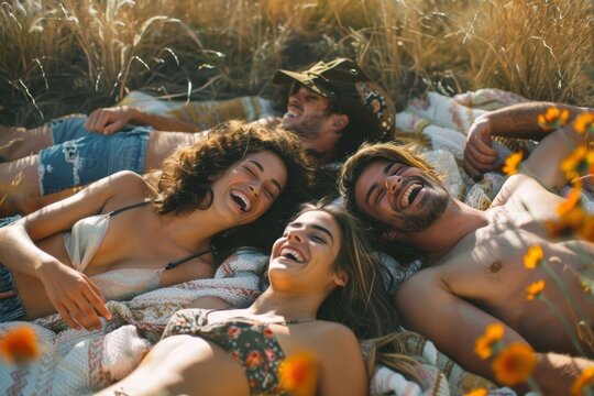 A group of friends laughing and socializing while laying on top of a blanket outdoors, A group of friends laughing and socializing while laying out in the sun