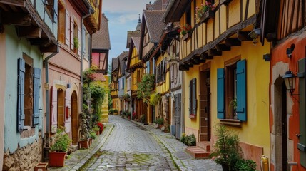 Fototapeta premium The charming old medieval street is lined with vibrant colorful houses