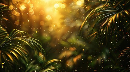 tropical banner adorned with exotic leaves and golden glitter accents, evoking the lush greenery of paradise under the warm glow of sunset light