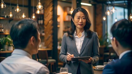 Asian Businesswoman Making Sales Pitch to Restaurant Owner - Professional Interaction