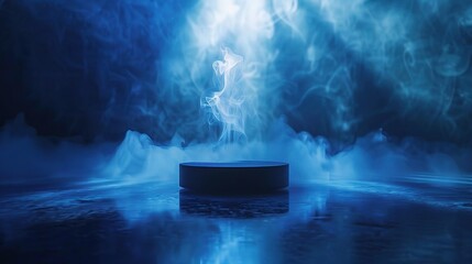 podium presentation scene, where your products shine under the spotlight against a mesmerizing blue backdrop with ethereal wisps of smoke