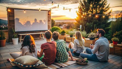 Group of Friends Relaxing and Watching Movie on Patio at Sunset - Outdoor Leisure 