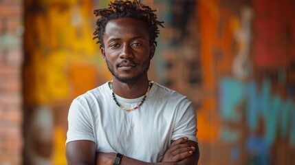 Obraz premium Portrait of a Confident Young African Man in White Shirt with Colorful Urban Background