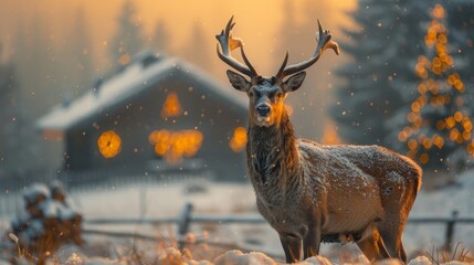 Majestic Deer in Snowy Forest at Sunset with Warm Glowing Lights