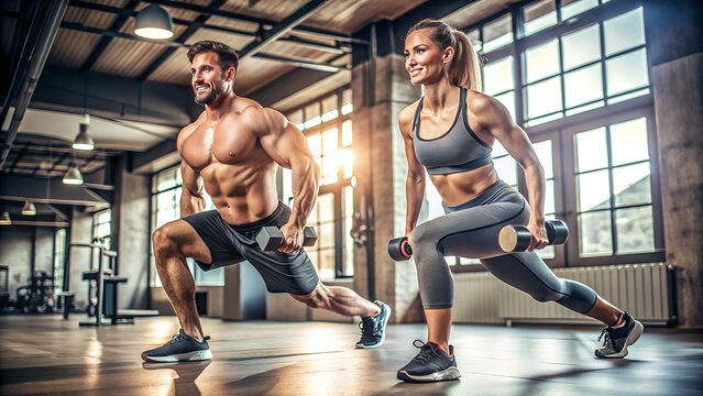 Athletic Couple Exercising with Hand Weights in Lunge Position at Gym