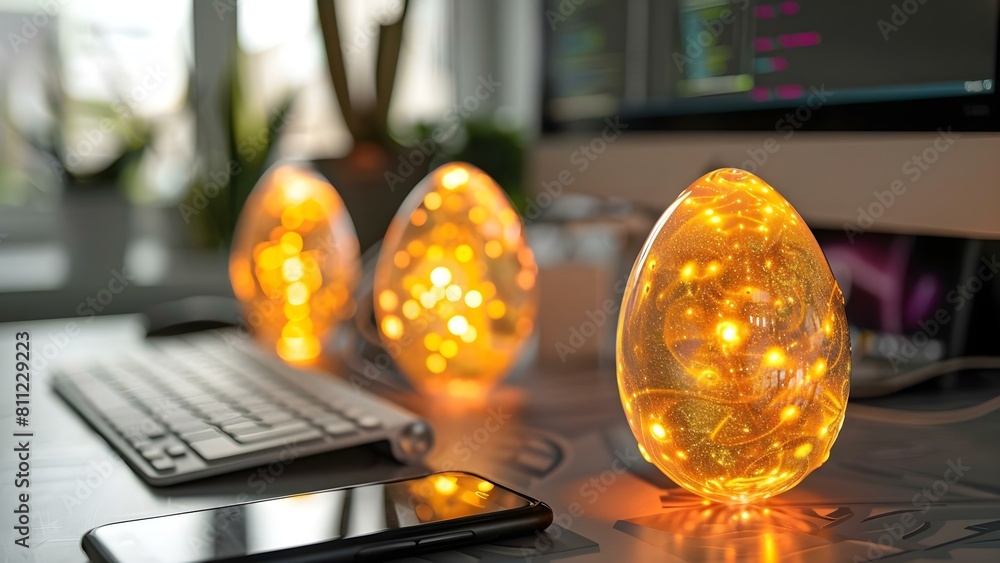 Poster glowing easter eggs with digital patterns on a programmer's desk. concept easter decor, digital tech