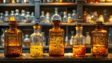 Victorian apothecary with glass bottles showcasing herbal remedies and vintage charm. Concept Vintage Charm, Herbal Remedies, Glass Bottles, Victorian Apothecary, Home Decor