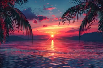 Breathtaking Sunset Over Tropical Ocean Surrounded by Silhouetted Palm Trees
