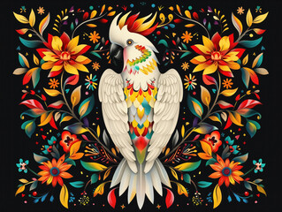 Exotic Cockatoo Jungle Parrot Illustration with Birds, Flowers, and Ornaments on Black Tee.