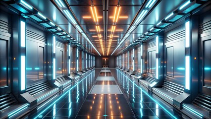 Fototapeta premium Modern 3D Room with White Abstract Background: Futuristic Neon Light Tunnel and Silver Stage
