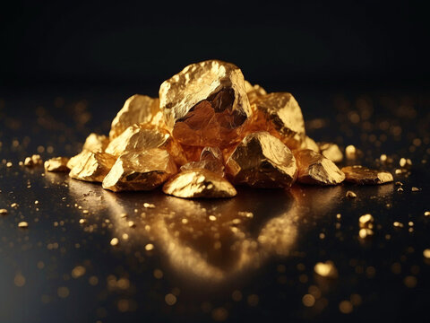 A heap of gold, a pile of raw gold stones. Golden nuggets. Golden stone on a black background. Financial banking business concept. The price of gold is rising, trading.