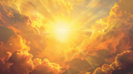 The sun shines brightly through puffy clouds in the sky, creating a beautiful natural display