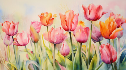 illustration of a watercolor image with pink and red tulips