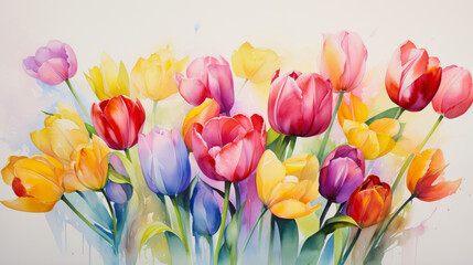 illustration of a watercolor image with yellow, pink and purple tulips