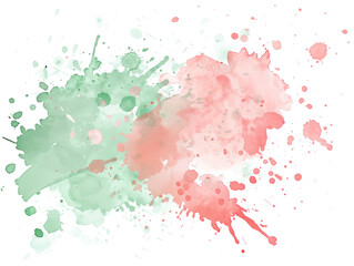 Abstract pink watercolor splash design with soft green vector texture, ink paint brush stain, and pastel pink splatters on white background.