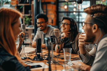 Group of People Sitting Around Table With Microphones, A group of friends sitting around a table, microphones in hand, discussing their favorite podcasts
