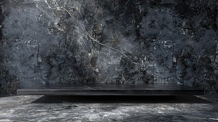 luxury with an empty grey marble table top against a dark black cement stone background