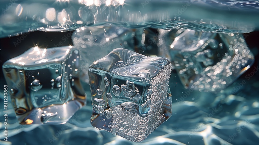 Poster ice cubes, underwater. generative ai.