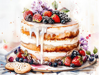 Watercolor cake with fresh berries and cookies, ideal for menus, cookbooks, blogs, and beyond!
