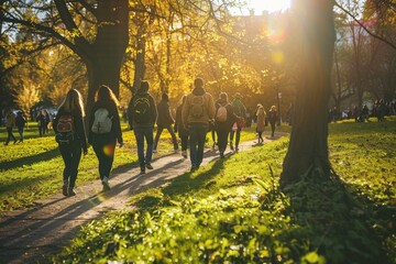 A group of friends walking together down a path in a park on a sunny day, A group of friends strolling through a park on a sunny day
