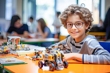Child builds a special robot with bricks, demonstrating creativity and innovation in Robotechnic class. Perfect for promoting STEM education and technology-themed designs.