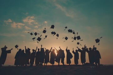 A group of graduates celebrating by throwing their caps in the air after graduation ceremony, A group of graduates tossing their caps in the air in a moment of shared excitement and achievement