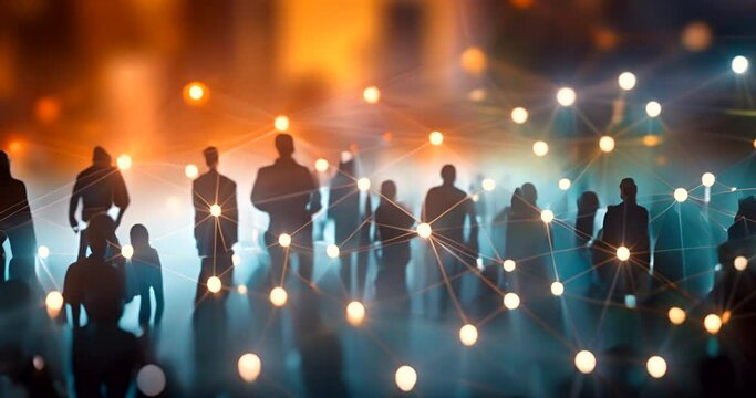 Communication, silhouette and virtual or future people, networking and together or 3d interface. Social media, internet and cyber community for connection, innovation marketing or matrix web system