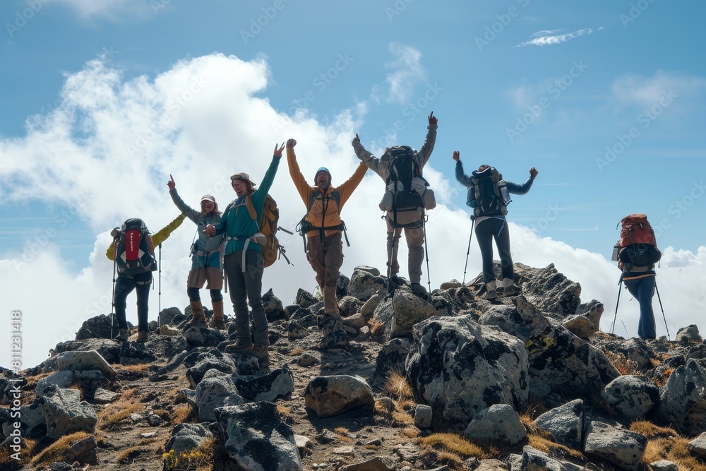 Sticker A group of hikers celebrating after reaching the summit of a mountain, A group of hikers celebrating reaching the summit of a mountain