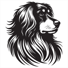 A dog face with long hair in black and white has a more realistic silhouette on white background