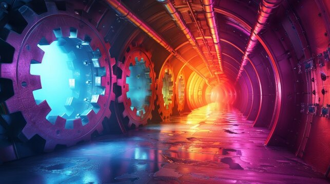 A dark tunnel with bright lights at the end. The tunnel is lined with large gears.