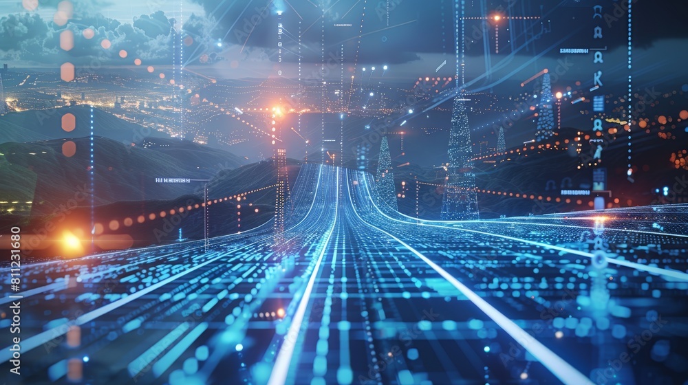 Poster advanced ai monitoring renewable energy grids, visualized in a sleek, high-tech style, the fusion of