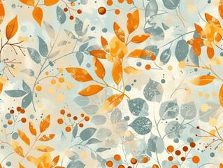 autumn floral pattern with abstract elements in soft blue and orange tones.