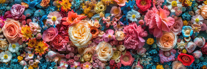 A cluster of vibrant flowers arranged on a wall, adding a pop of color and beauty to the space