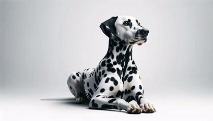 A Dalmatian dog lying down against a plain white background. The dog is depicted in a relaxed position