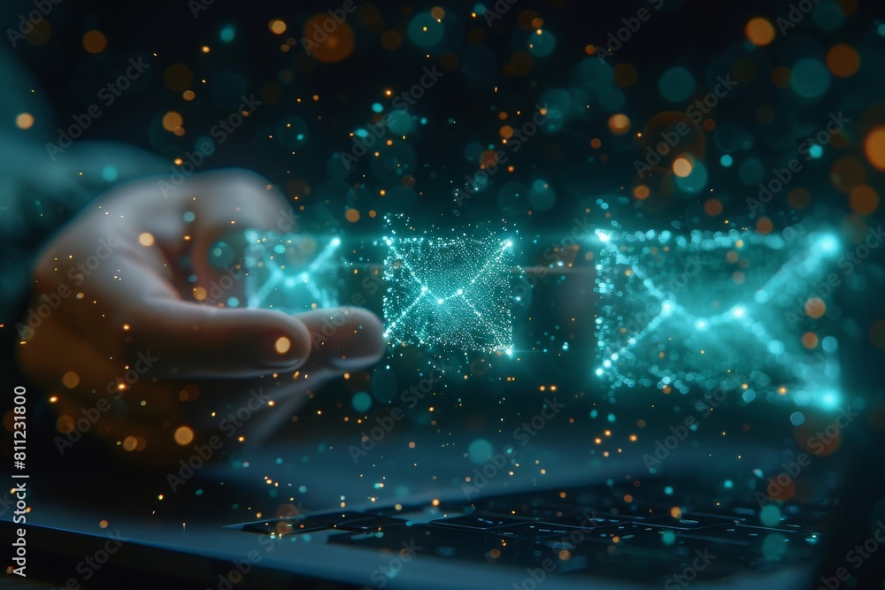 Poster a concept image of a person engaged with a floating digital email network interface with glowing con
