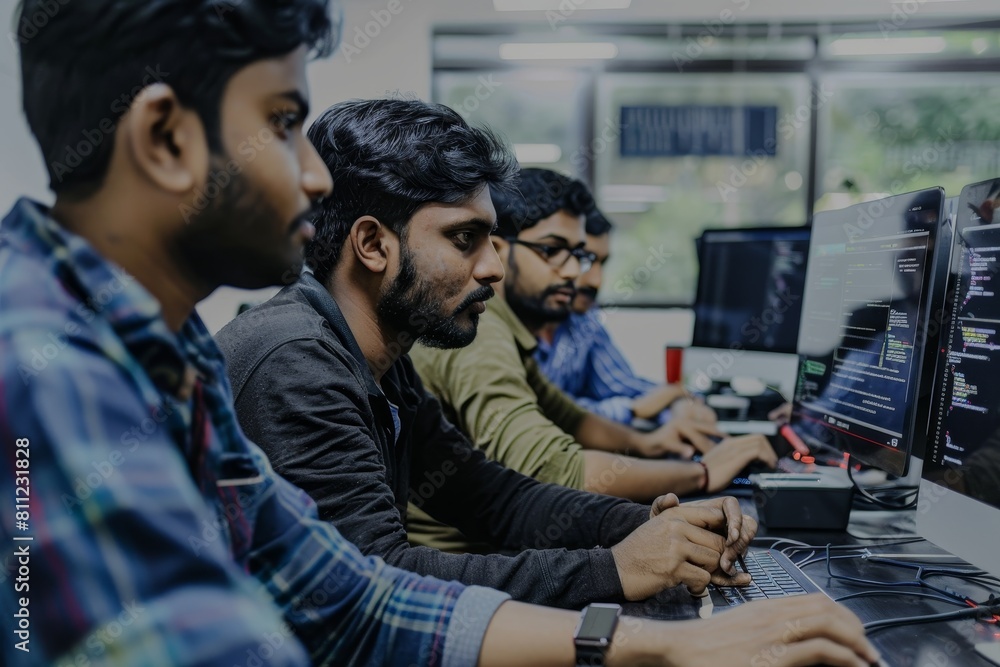 Poster indian men sitting in front of computers, collaborating on software development in an office setting