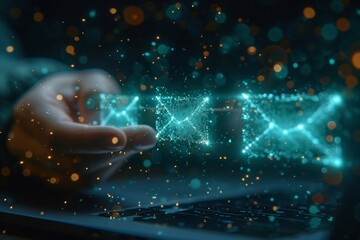 A concept image of a person engaged with a floating digital email network interface with glowing connections